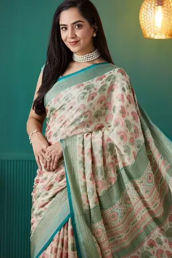 Cream printed brasso casual saree with blouse piece