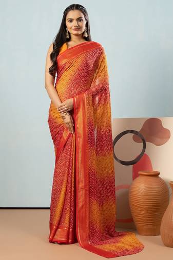 Red elegant printed georgette saree with blouse piece