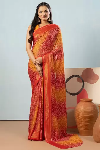 Red elegant printed georgette saree with blouse piece