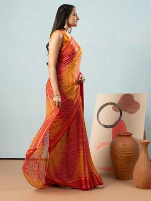 Red elegant printed georgette saree with blouse piece 2