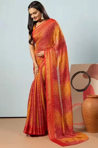 Red elegant printed georgette saree with blouse piece
