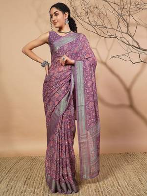 Purple elegant printed georgette saree with blouse piece 1