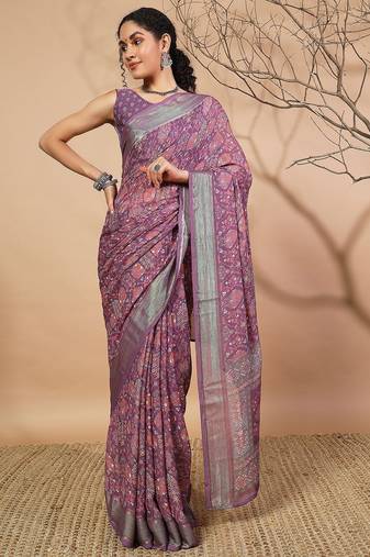Purple elegant printed georgette saree with blouse piece