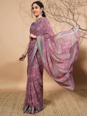 Purple elegant printed georgette saree with blouse piece 2