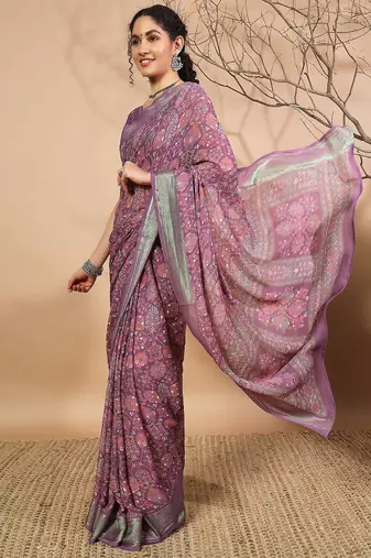 Purple elegant printed georgette saree with blouse piece