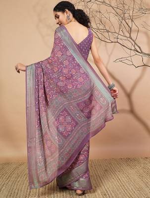 Purple elegant printed georgette saree with blouse piece 3