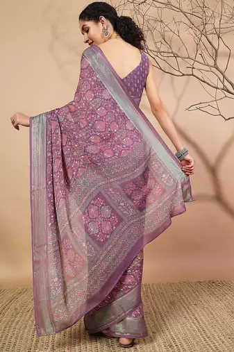Purple elegant printed georgette saree with blouse piece