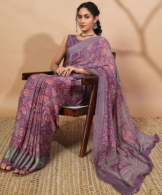 Purple elegant printed georgette saree with blouse piece 4