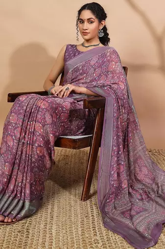 Purple elegant printed georgette saree with blouse piece