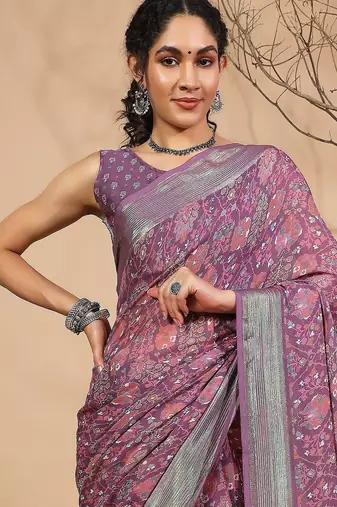 Purple elegant printed georgette saree with blouse piece