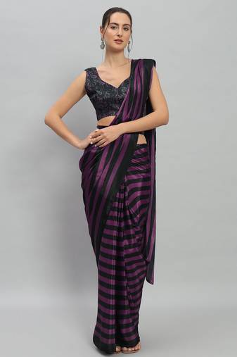 Purple printed satin fashion saree with blouse piece