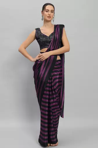 Purple printed satin fashion saree with blouse piece