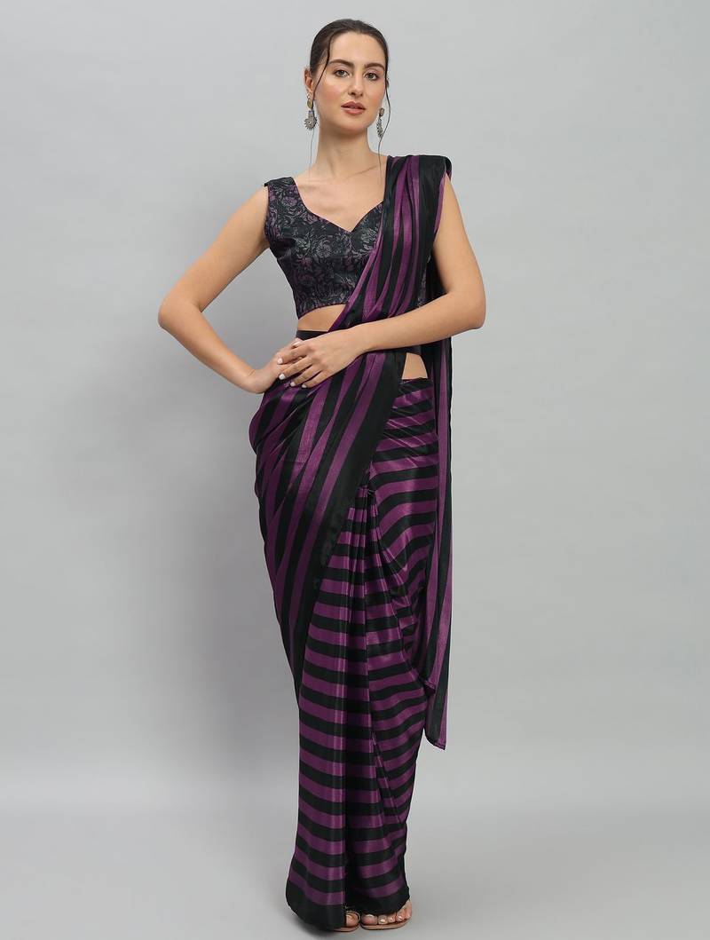 Purple printed satin fashion saree with blouse piece
