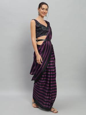 Purple printed satin fashion saree with blouse piece 2