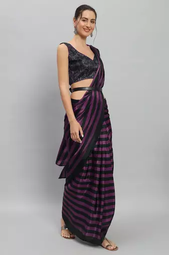 Purple printed satin fashion saree with blouse piece