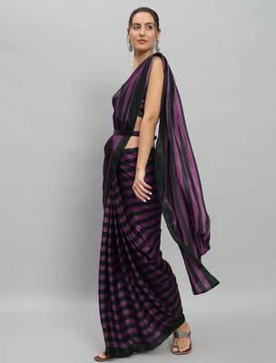 Purple printed satin fashion saree with blouse piece 3