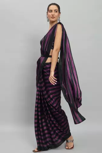 Purple printed satin fashion saree with blouse piece