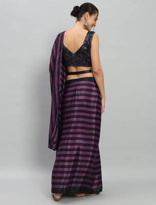 Purple printed satin fashion saree with blouse piece 4