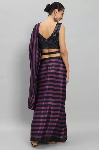 Purple printed satin fashion saree with blouse piece
