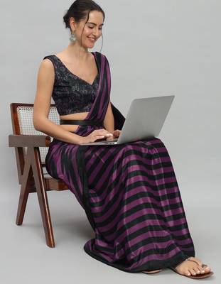Purple printed satin fashion saree with blouse piece 5