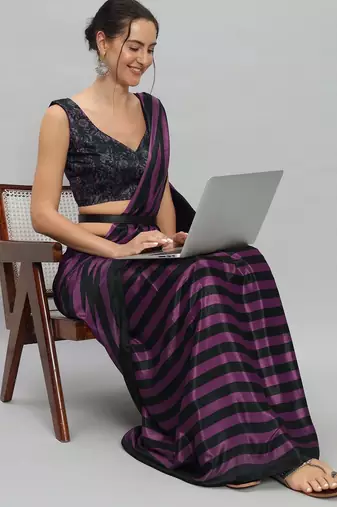Purple printed satin fashion saree with blouse piece