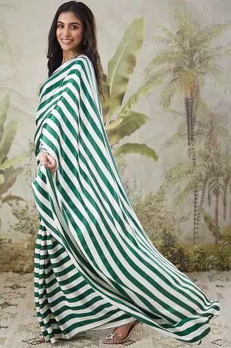 Green printed satin fashion saree with blouse piece