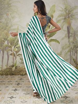 Green printed satin fashion saree with blouse piece 3