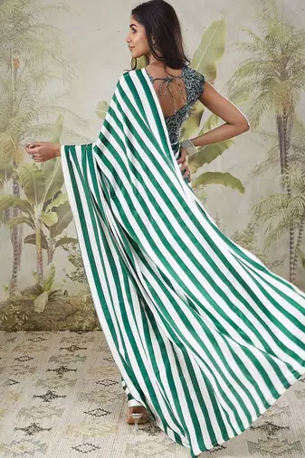 Green printed satin fashion saree with blouse piece