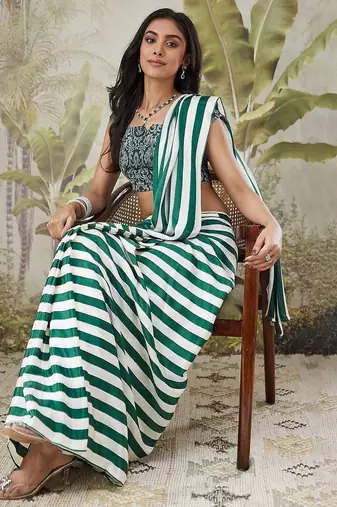 Green printed satin fashion saree with blouse piece