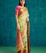 Green elegant printed polycotton saree with blouse piece