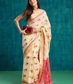 Cream elegant printed polycotton saree with blouse piece