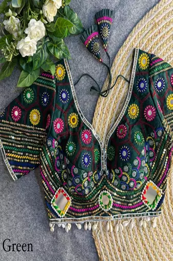 Women's green real mirror work navratri blouse | heavy beads embroidered italian silk choli