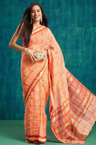 Peach elegant printed polycotton saree with blouse piece