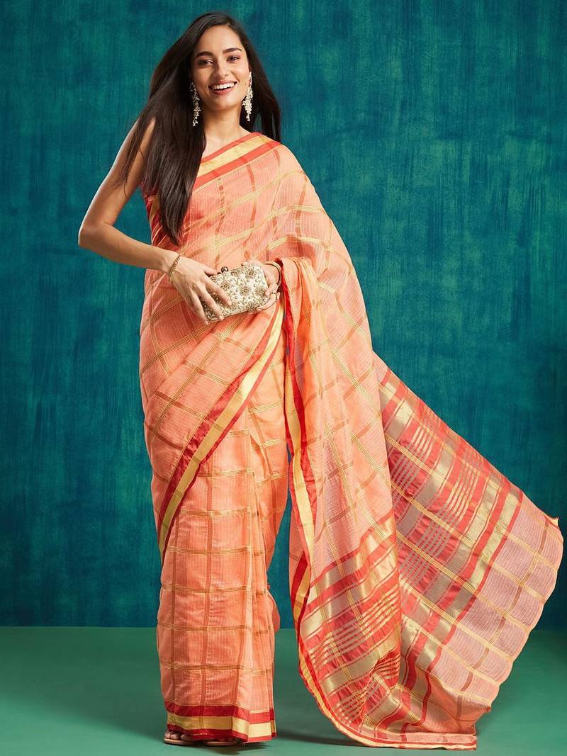 Peach elegant printed polycotton saree with blouse piece