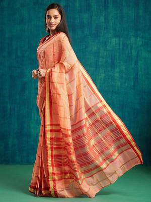 Peach elegant printed polycotton saree with blouse piece 2