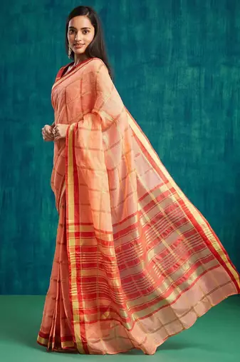 Peach elegant printed polycotton saree with blouse piece