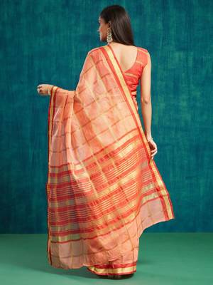 Peach elegant printed polycotton saree with blouse piece 3
