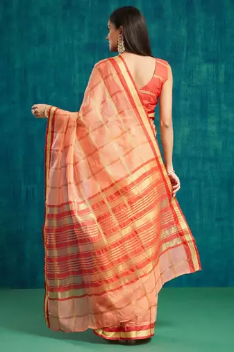 Peach elegant printed polycotton saree with blouse piece