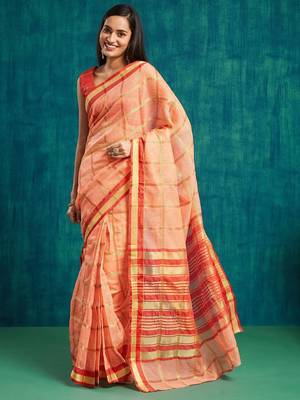 Peach elegant printed polycotton saree with blouse piece 4
