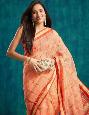 Peach elegant printed polycotton saree with blouse piece 5