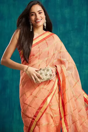 Peach elegant printed polycotton saree with blouse piece
