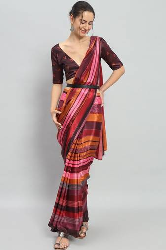 Pink printed satin fashion saree with blouse piece