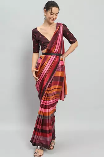 Pink printed satin fashion saree with blouse piece