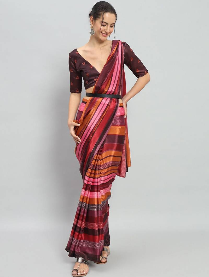 Pink printed satin fashion saree with blouse piece