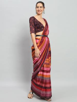 Pink printed satin fashion saree with blouse piece 2