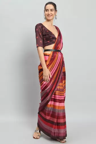 Pink printed satin fashion saree with blouse piece