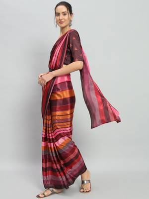 Pink printed satin fashion saree with blouse piece 3