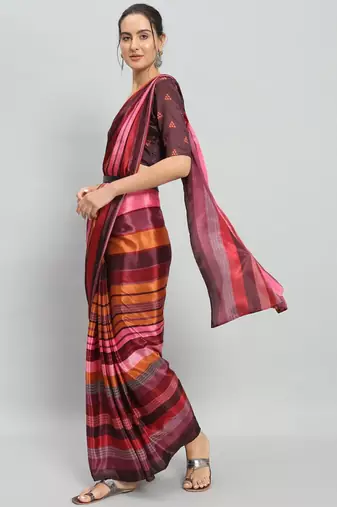 Pink printed satin fashion saree with blouse piece