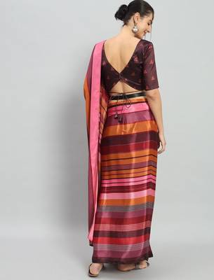 Pink printed satin fashion saree with blouse piece 4