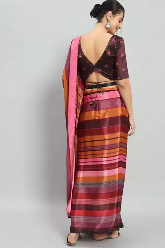 Pink printed satin fashion saree with blouse piece